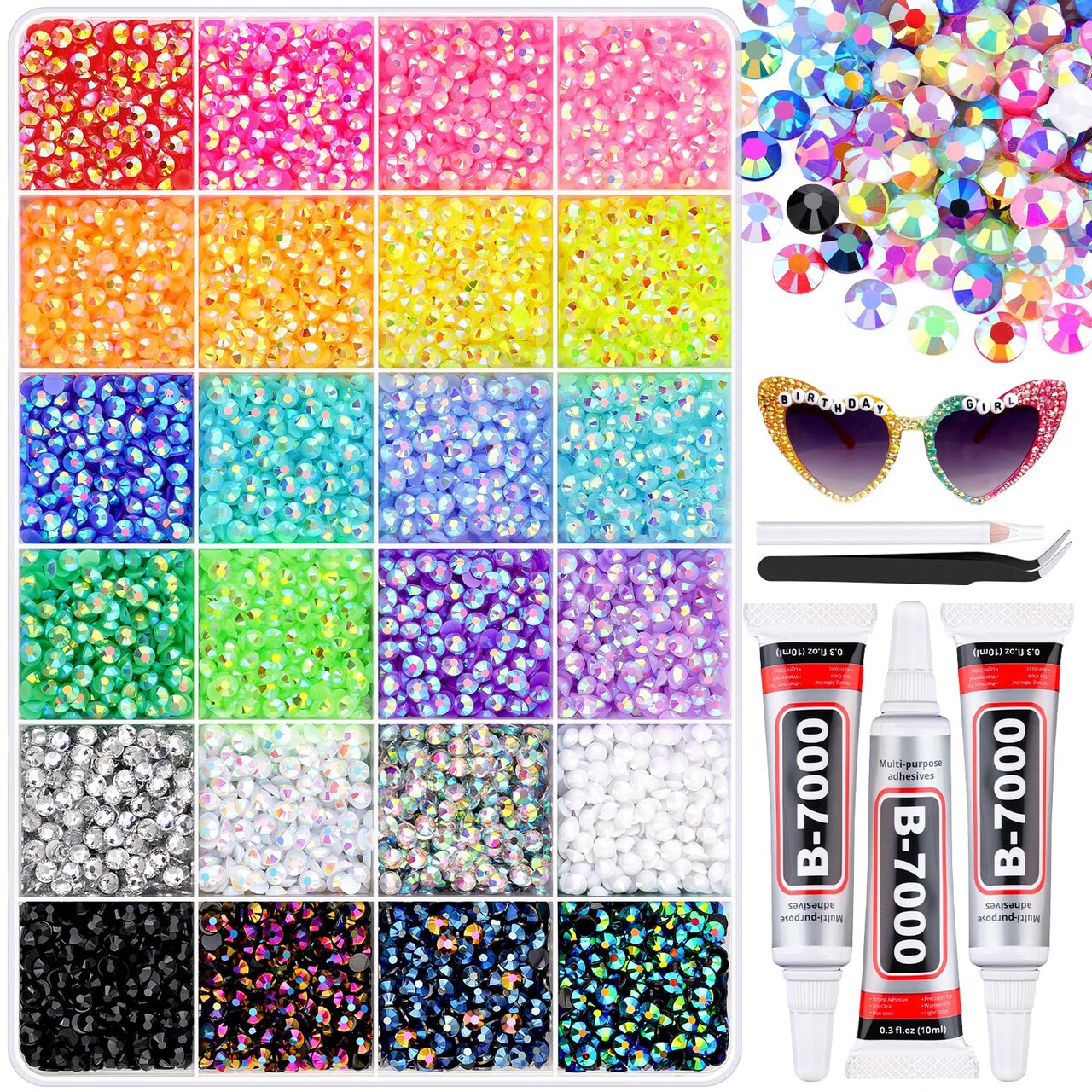 16,000pcs 4mm Resin Rhinestones – Colorful Flatback Gems with B7000 Jewelry Glue, Perfect for DIY Crafts, Bedazzling Clothing, Tumblers, Shoes, Fabric, and Nail Art